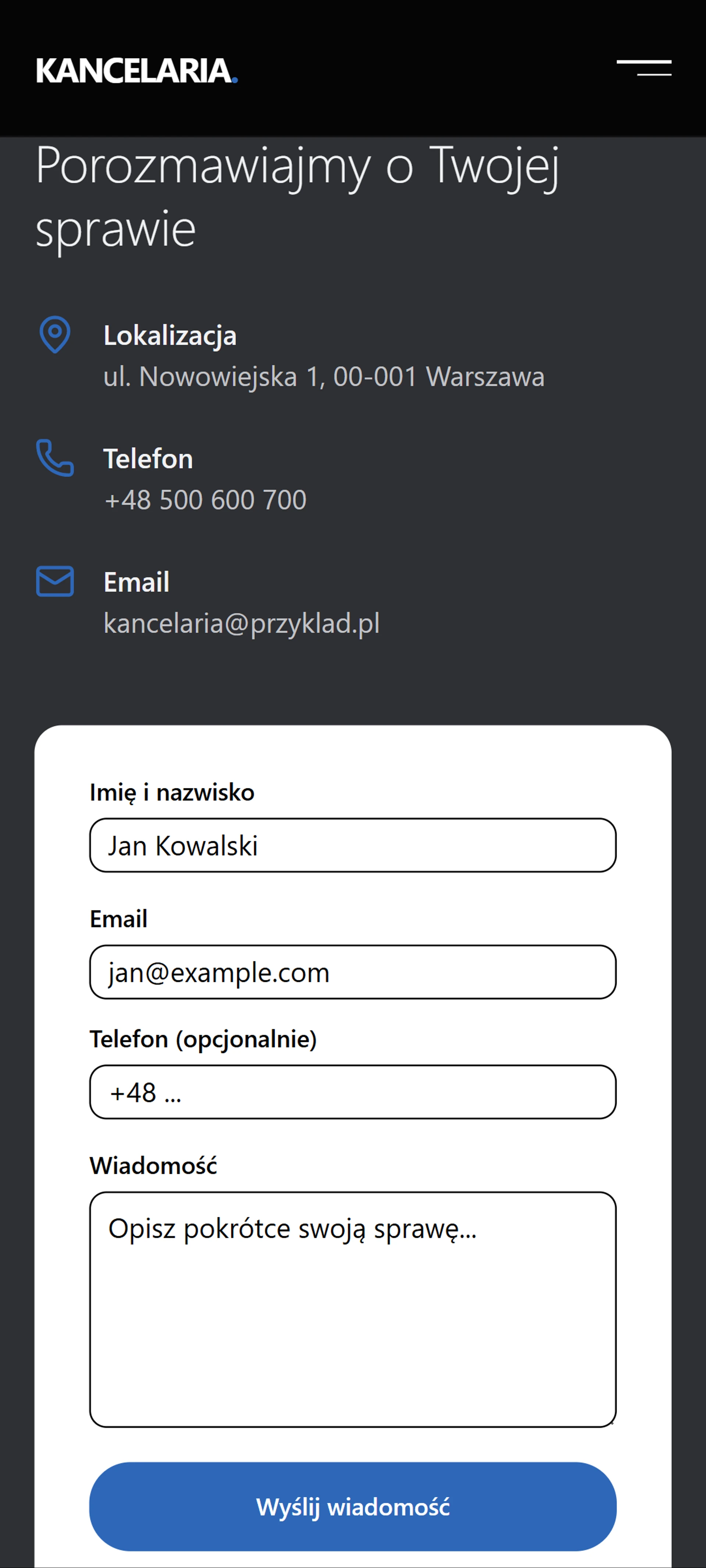 Sekcja Kontakt - wersja mobilna